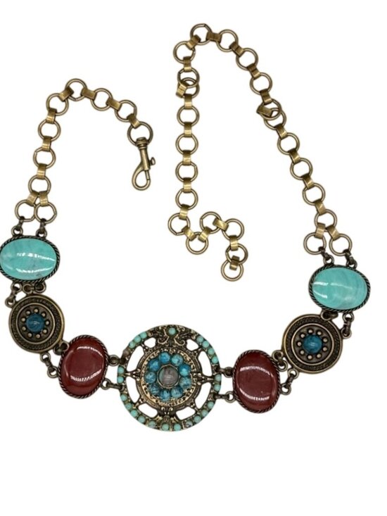 unbranded Accessories - Concha Belt Gold tone orange stones turquoise cabochons - 41" Long